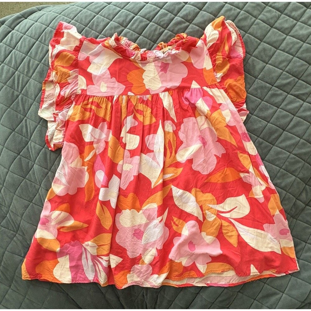 Haptics Floral Babydoll Blouse Womens L Multicolor Good Ruffle Cap Sleeve Top